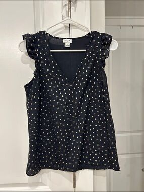 J. Crew Navy Gold Polka Dot Ruffle Sleeve V-Neck Tank